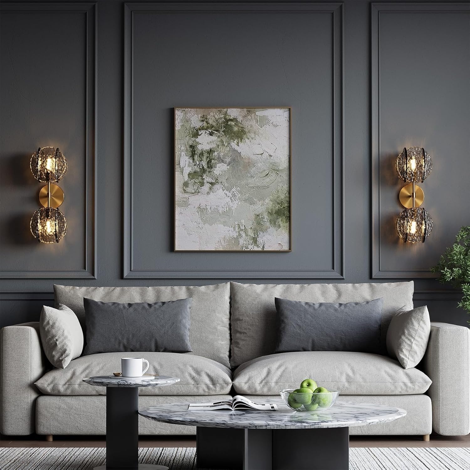 2-Light Crystal Wall Sconce,Vanity Wall Light with Textured Smoke Glass Shade