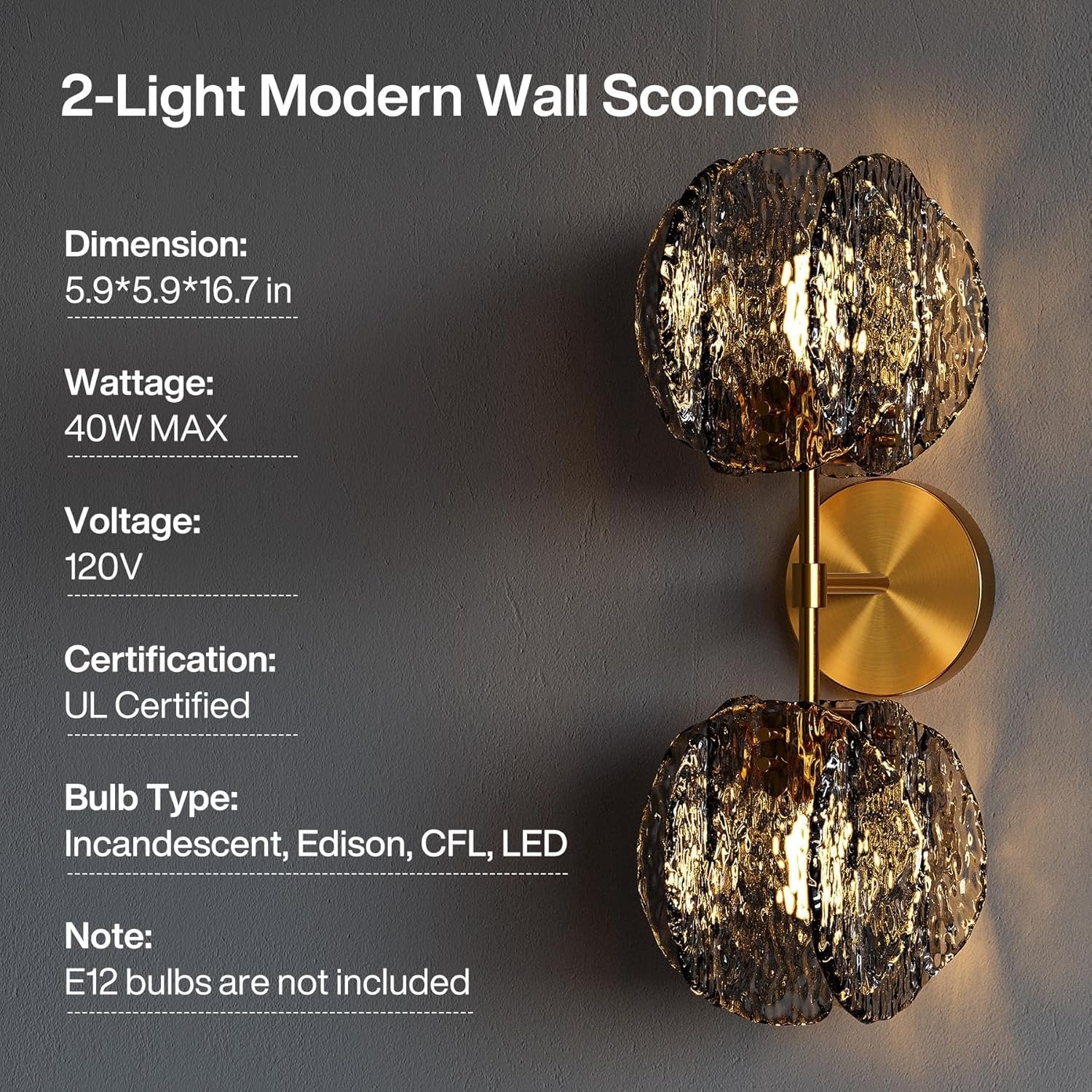 2-Light Crystal Wall Sconce,Vanity Wall Light with Textured Smoke Glass Shade