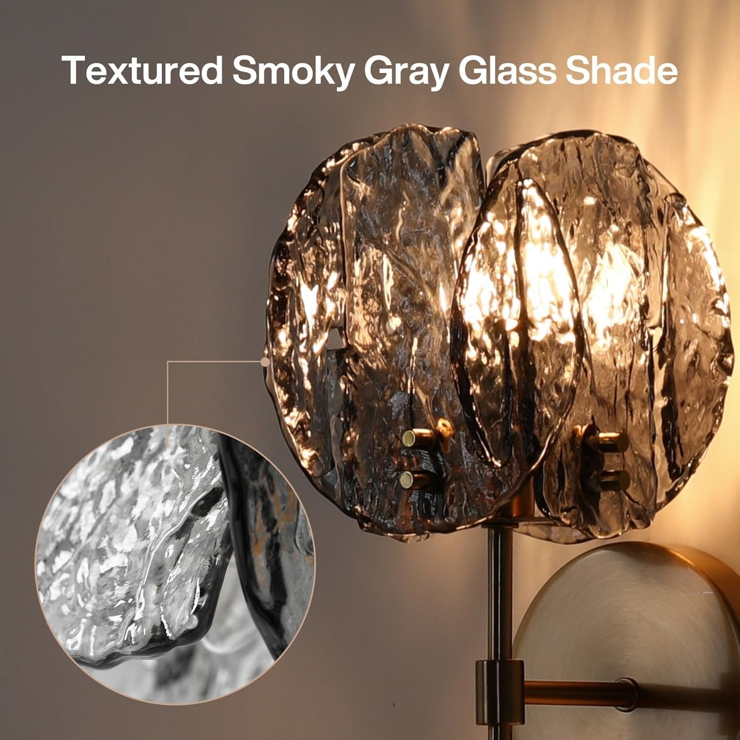 2-Light Crystal Wall Sconce,Vanity Wall Light with Textured Smoke Glass Shade