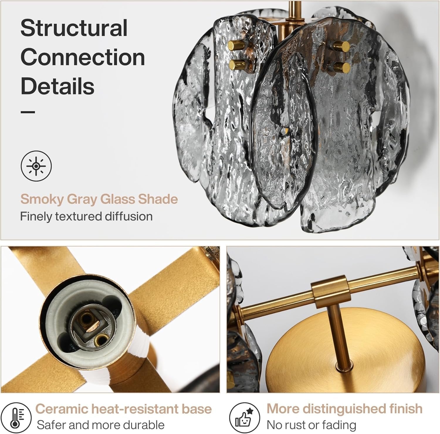 2-Light Crystal Wall Sconce,Vanity Wall Light with Textured Smoke Glass Shade