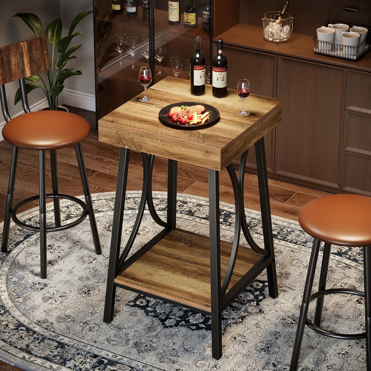 2 - Tier Bar Table, Industrial High Top & Counter Height Bistro Table with Metal Frame Tribesigns