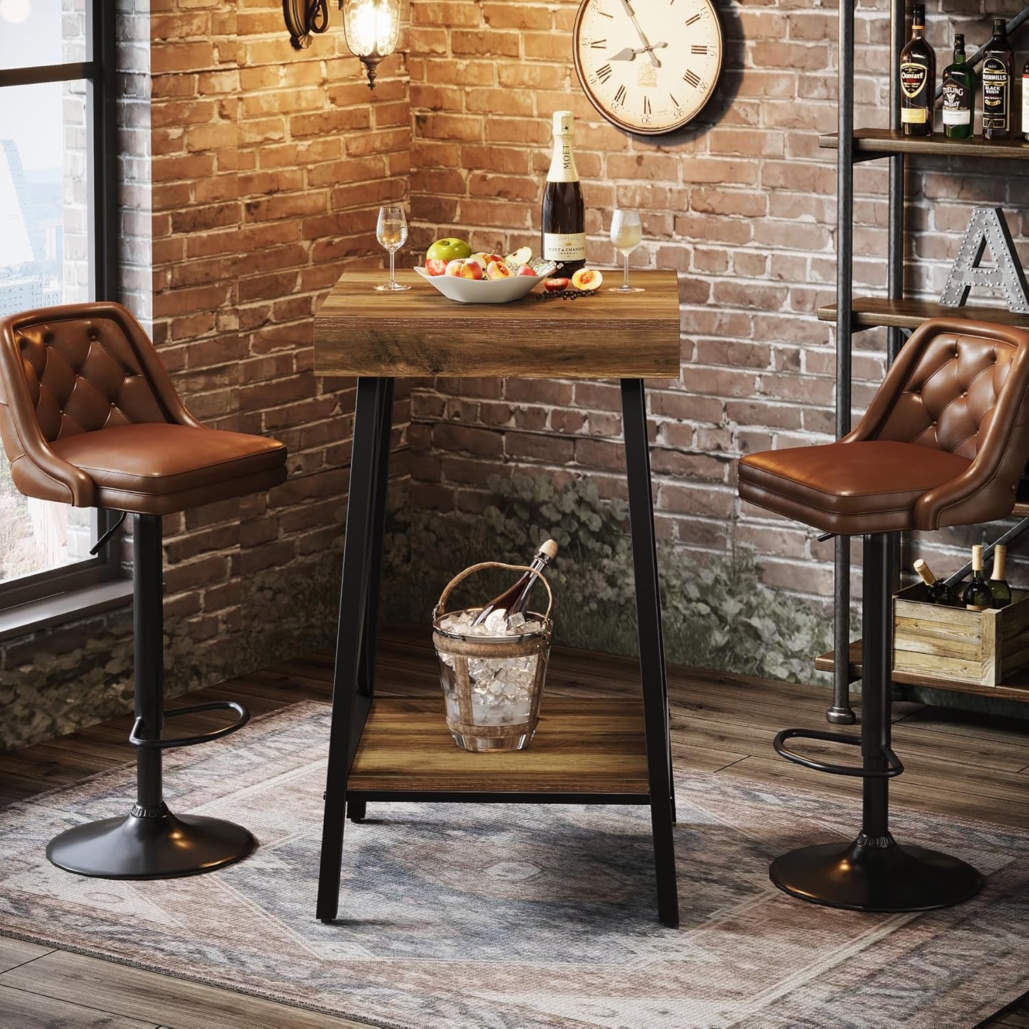 2 - Tier Bar Table, Industrial High Top & Counter Height Bistro Table with Metal Frame Tribesigns