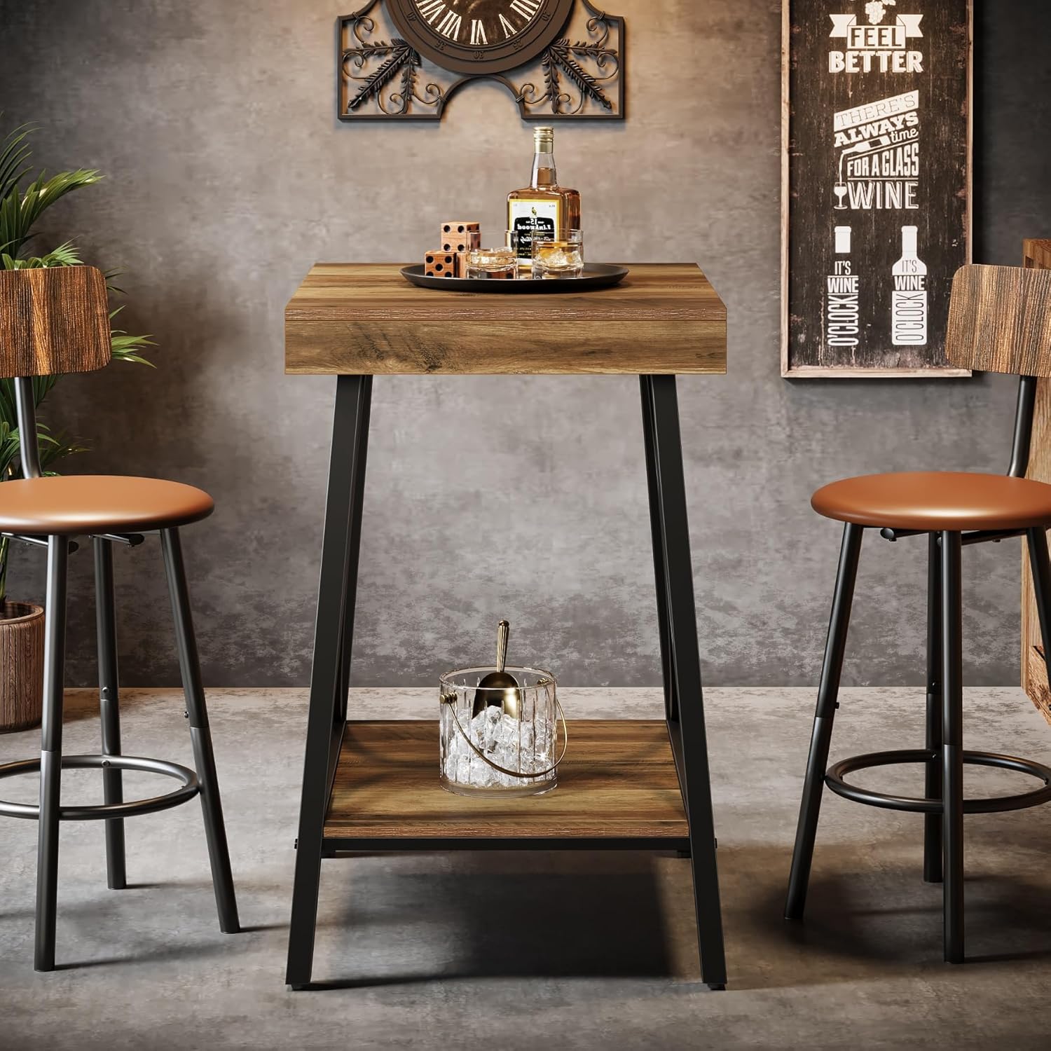 2 - Tier Bar Table, Industrial High Top & Counter Height Bistro Table with Metal Frame Tribesigns