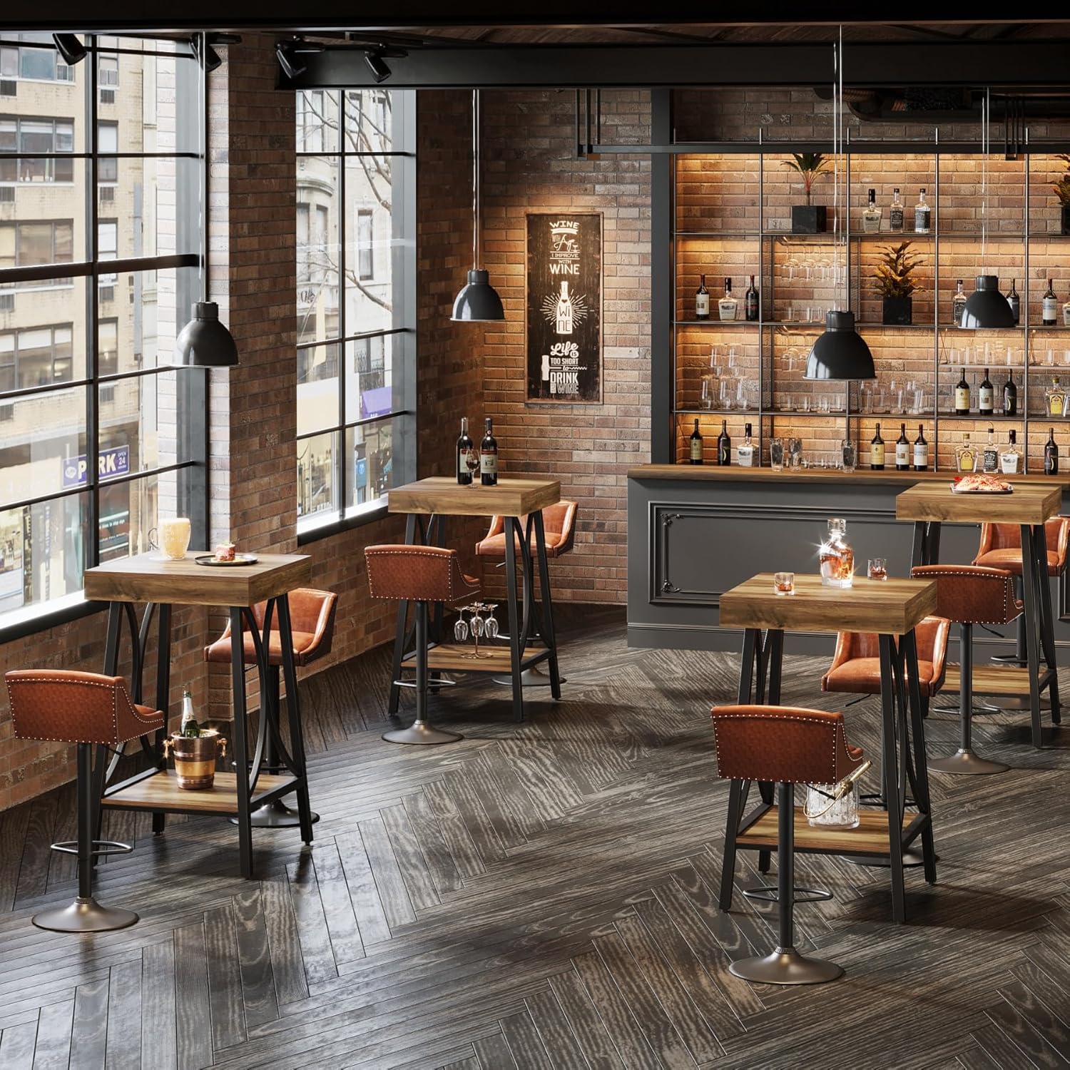 2 - Tier Bar Table, Industrial High Top & Counter Height Bistro Table with Metal Frame Tribesigns