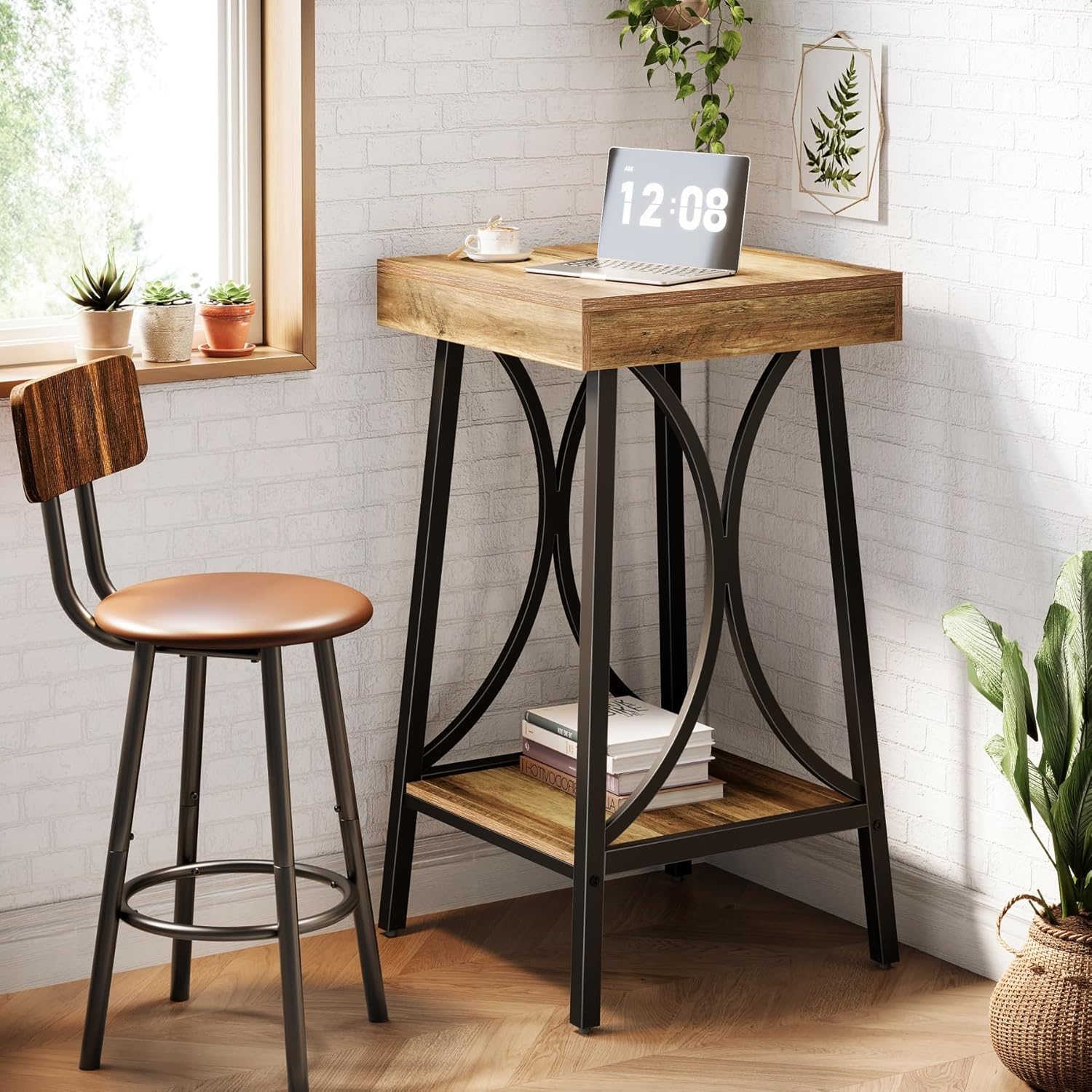 2 - Tier Bar Table, Industrial High Top & Counter Height Bistro Table with Metal Frame Tribesigns