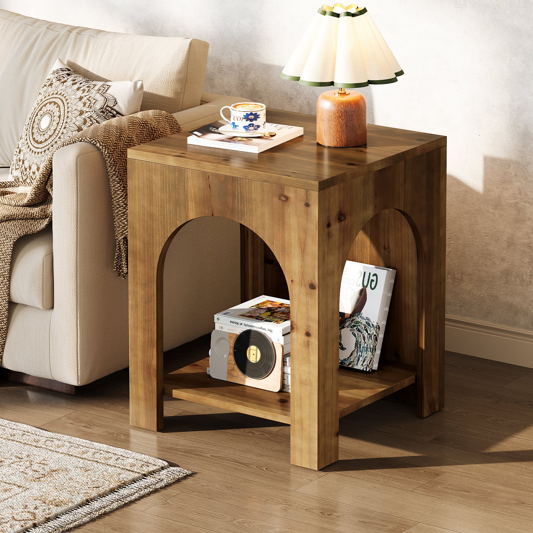 2-Tier End Table, Farmhouse Square Side Table with Arch Design