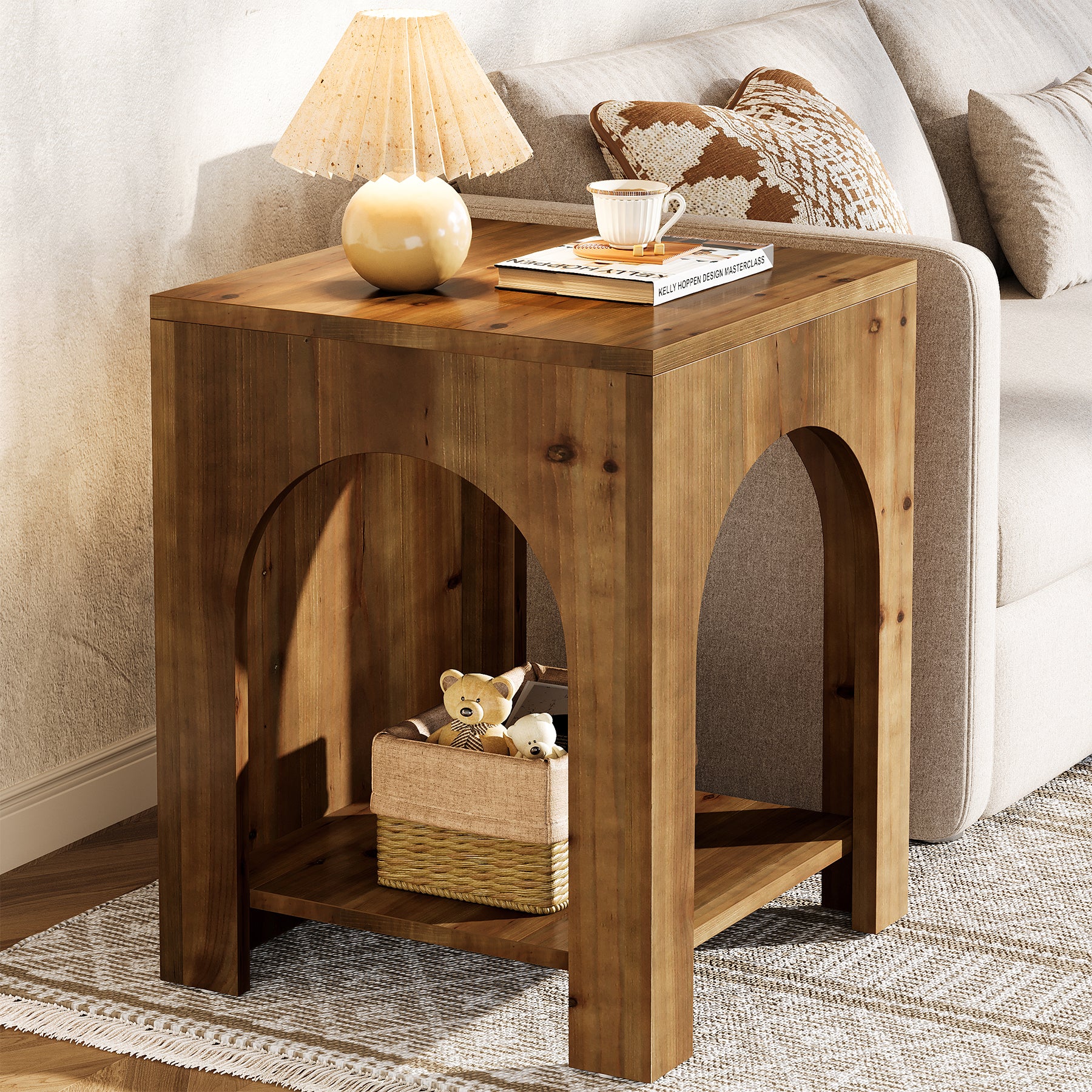 2-Tier End Table, Farmhouse Square Side Table with Arch Design