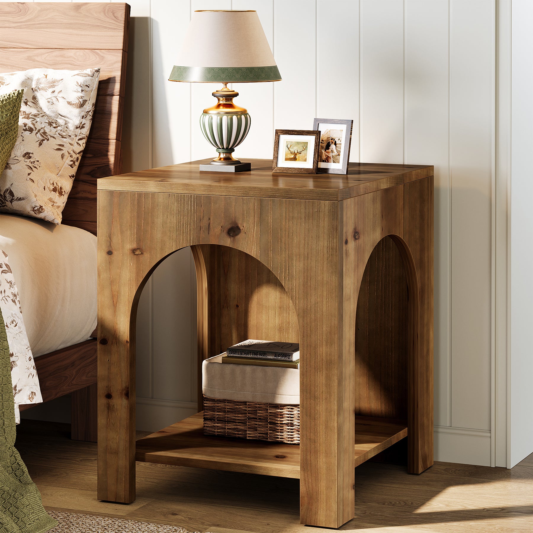 2-Tier End Table, Farmhouse Square Side Table with Arch Design