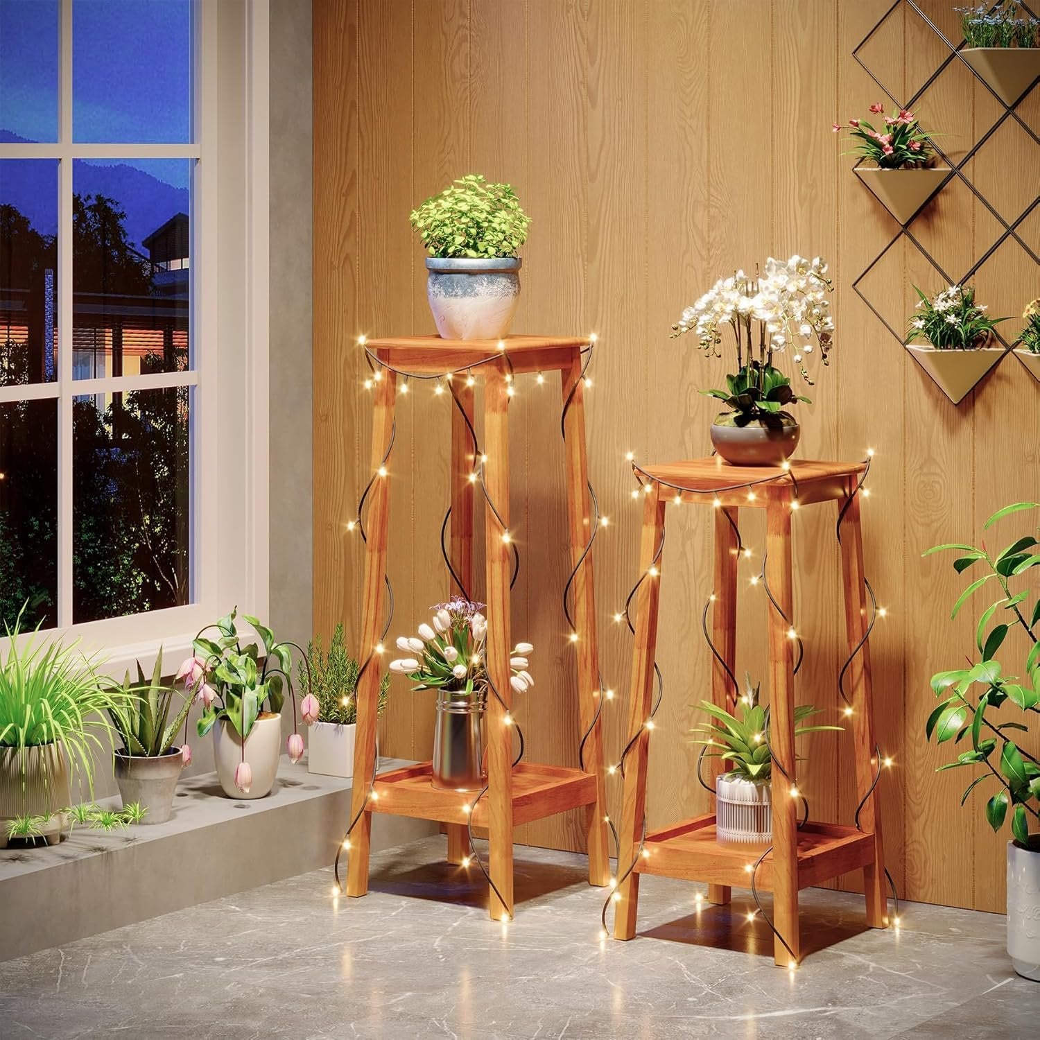 2-Tier Plant Stand, Solid Wood Plant Shelf Set of 2 Display Rack for Living Room
