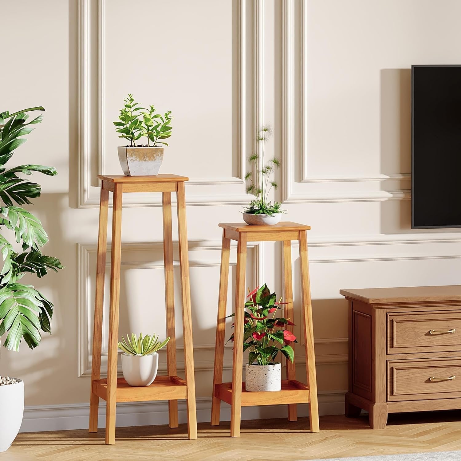 2-Tier Plant Stand, Solid Wood Plant Shelf Set of 2 Display Rack for Living Room