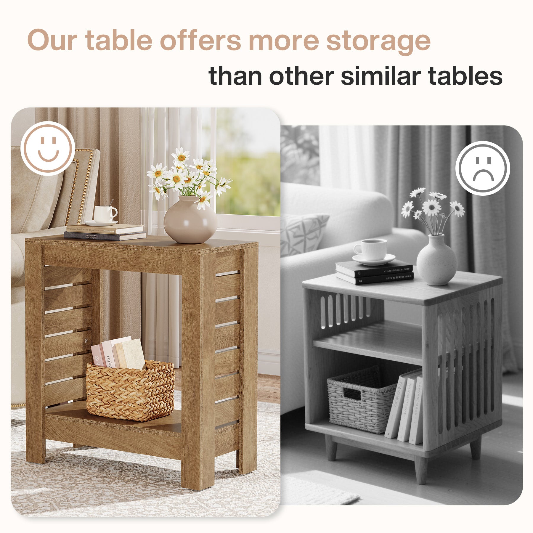 2-Tier Side Table, Wooden End Table Nightstand with Storage Shelf