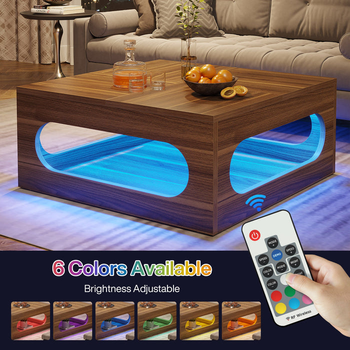 2-Tier Coffee Table, Wood Square Center Tea Table with LED Strip Light Tribesigns