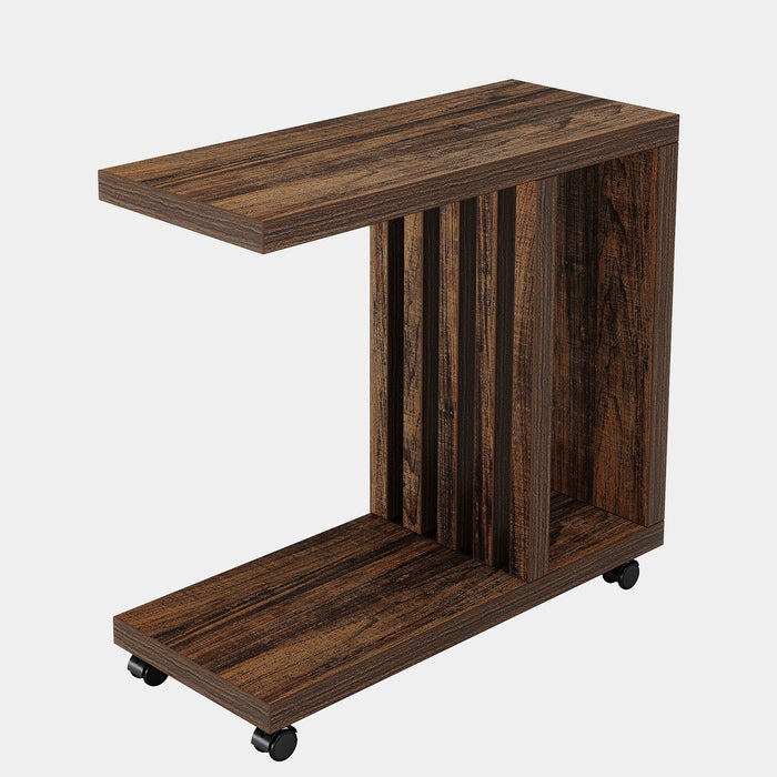 2 - Tier End Table, C - Shaped Wood Side Table with Lockable Wheels Tribesigns