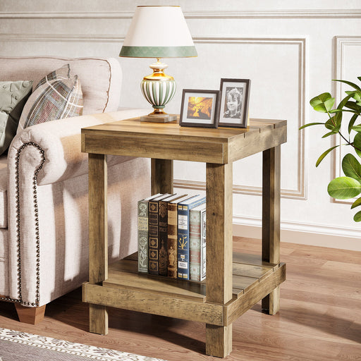 2 - Tier End Table, Square Side Table Nightstand with 2 Storage Shelves Tribesigns