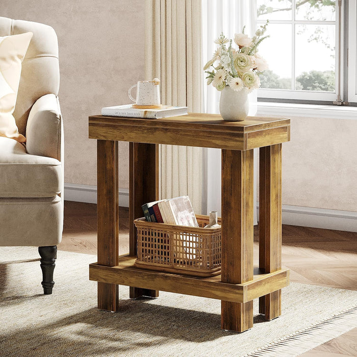 2 - Tier End Table, Wood Side Table with Lower Shelf Tribesigns