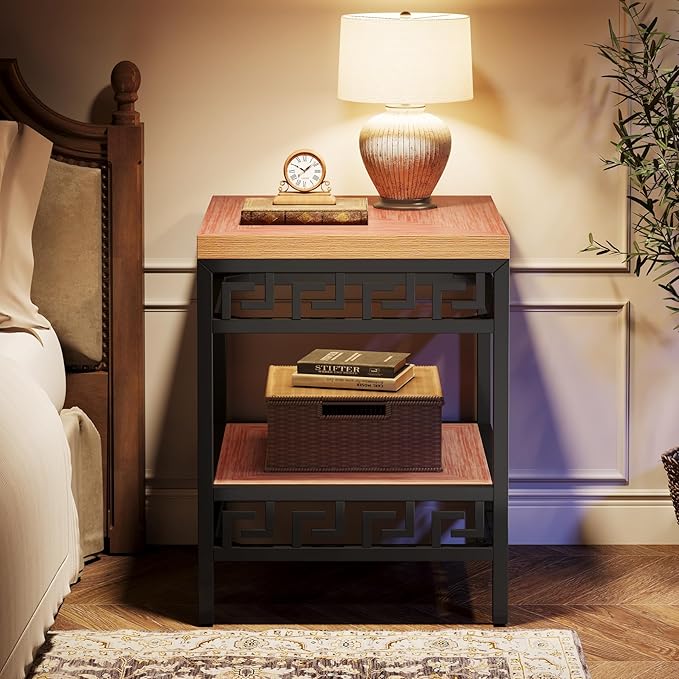 2 - Tier End Table, Wood Sofa Side Table with Metal Carving Tribesigns