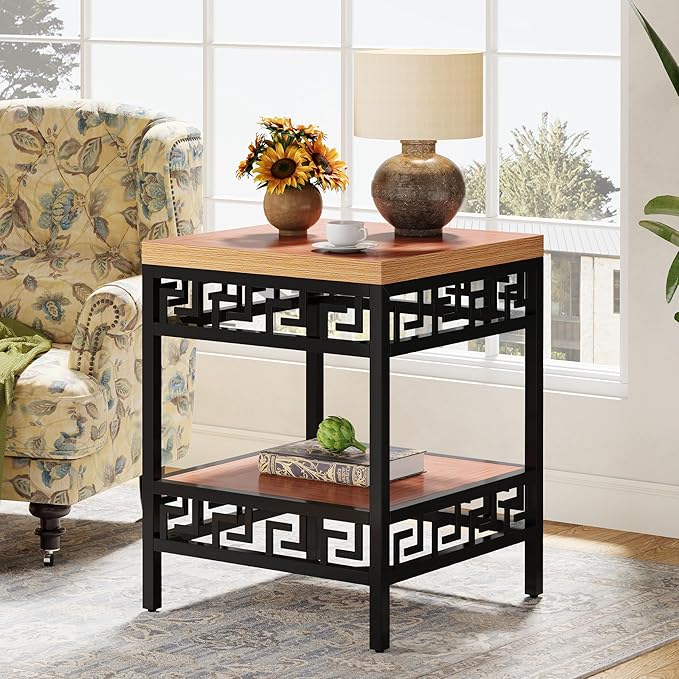 2 - Tier End Table, Wood Sofa Side Table with Metal Carving Tribesigns