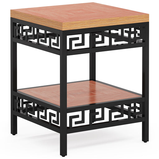 2 - Tier End Table, Wood Sofa Side Table with Metal Carving Tribesigns