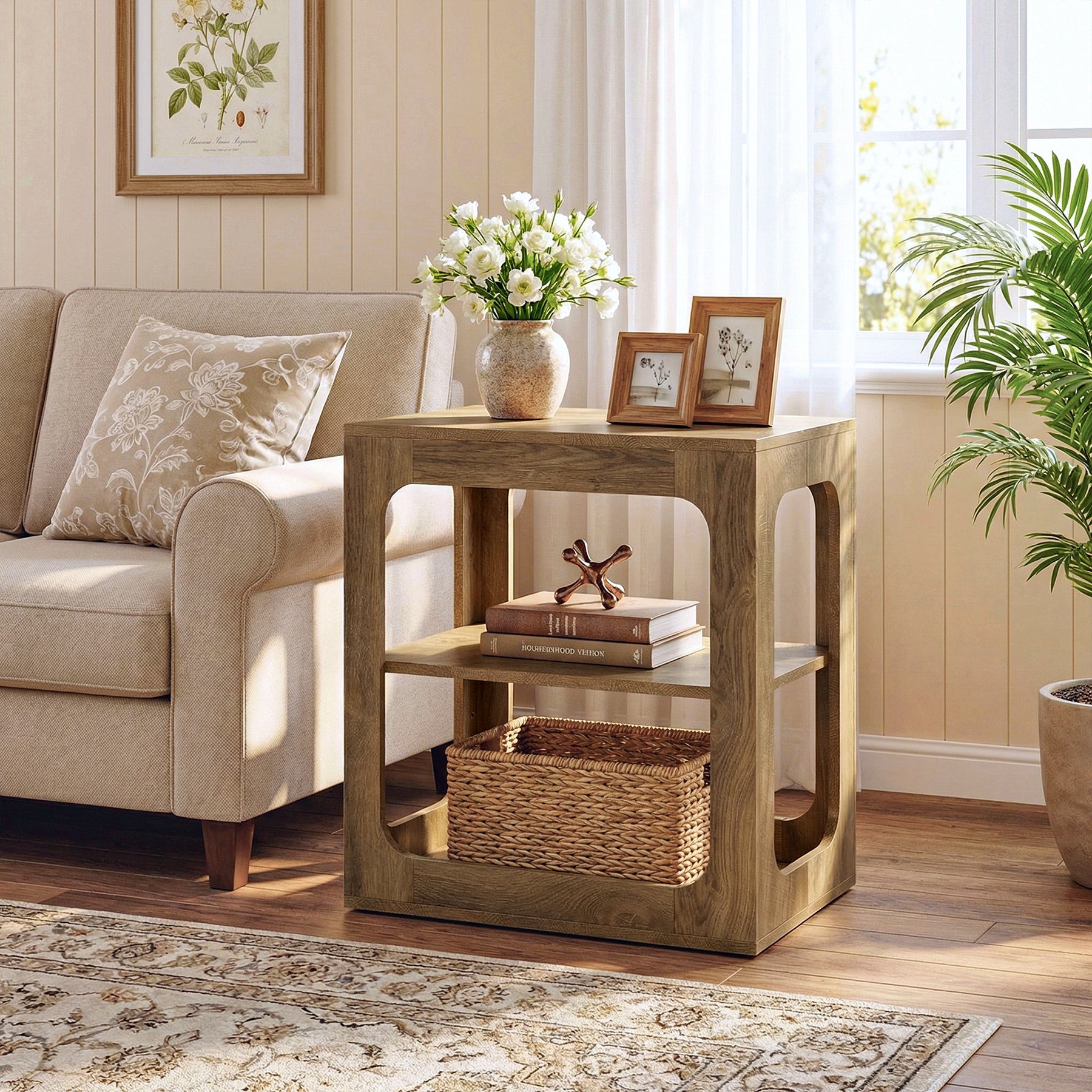 3-Tier End Table with Storage Shelves, Rustic Brown Side Table for Living Room and Bedroom