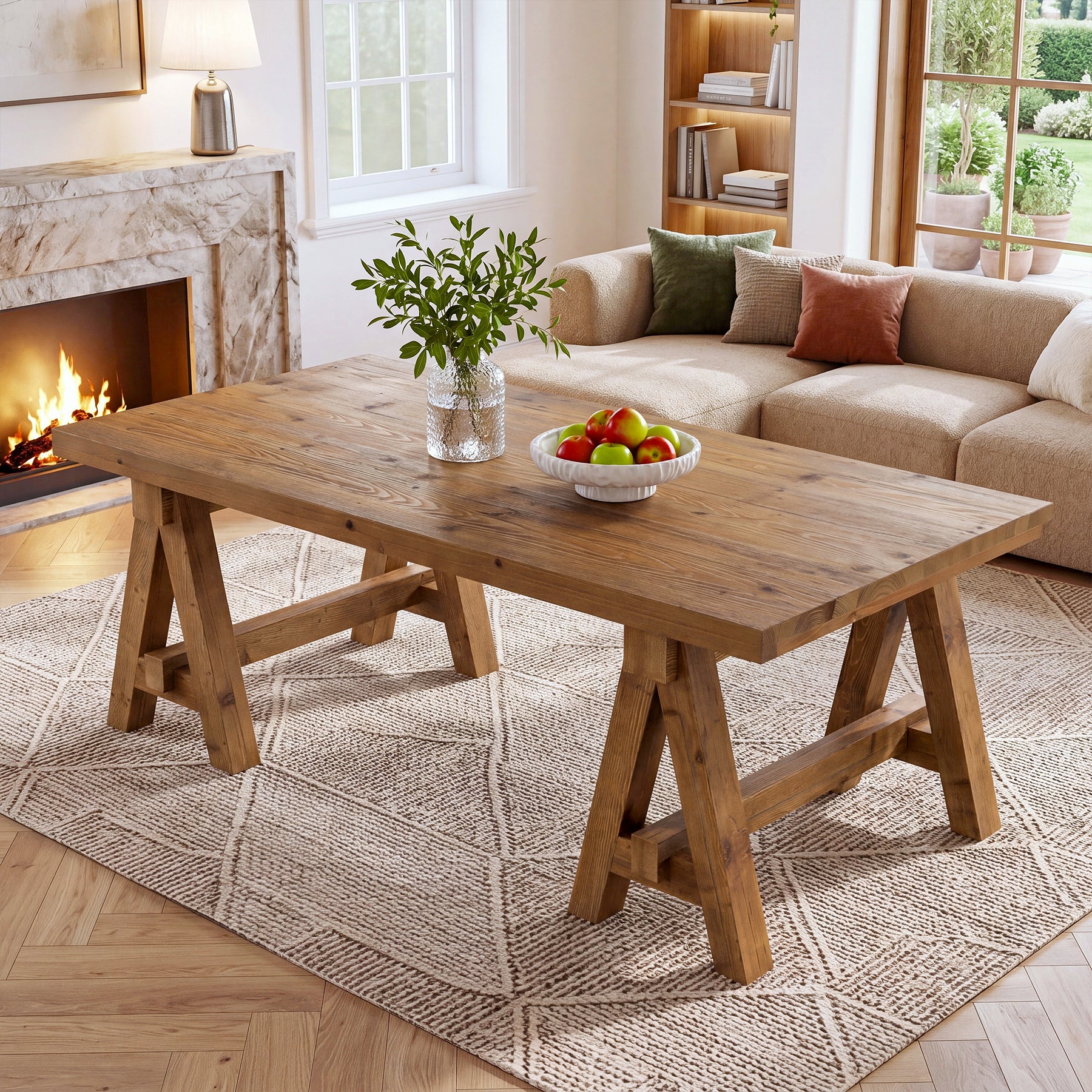 Solid Wood Coffee Table, 47" Farmhouse Center Table with Trestle Base for Living Room