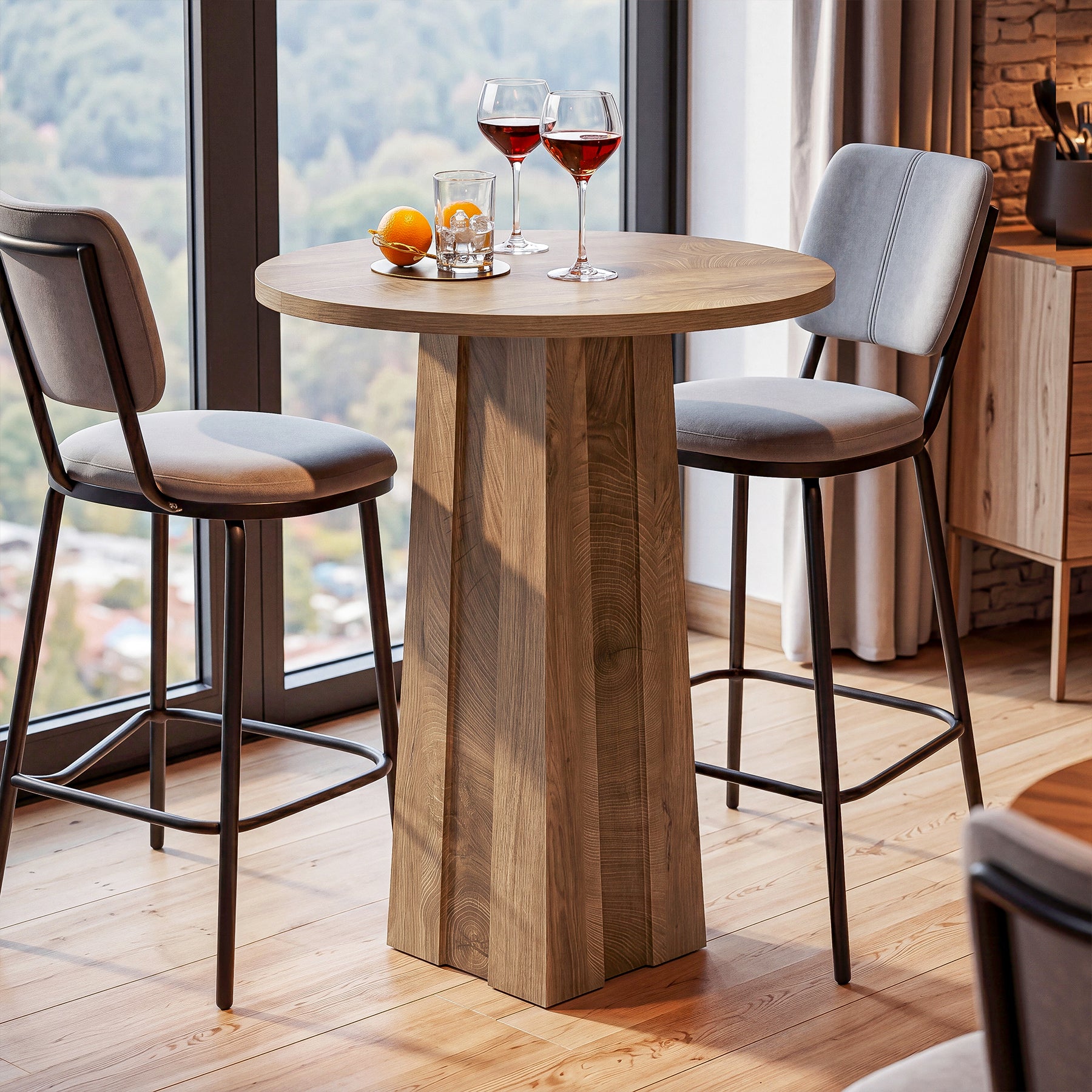 Round Bar Table, 31.5" Bistro Pub Table with Fluted Pedestal Base for Small Spaces