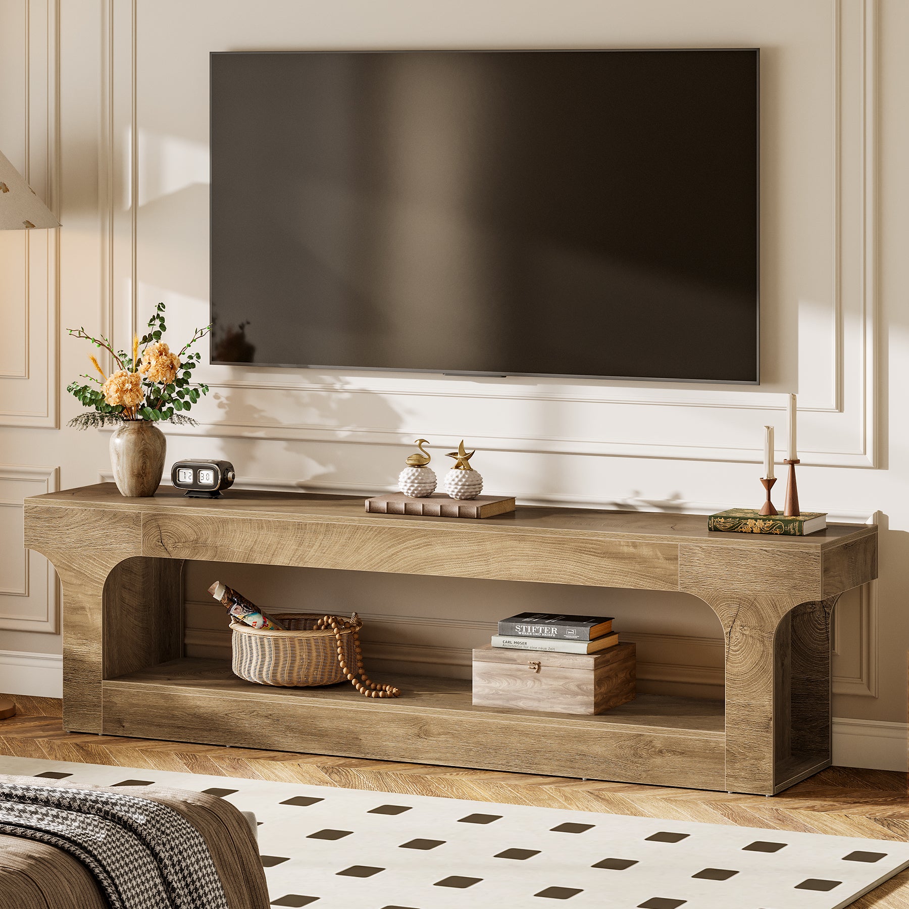 63” Farmhouse TV Stand for 55–75 Inch TVs, Entertainment Center with 2-Tier Open Storage Shelves