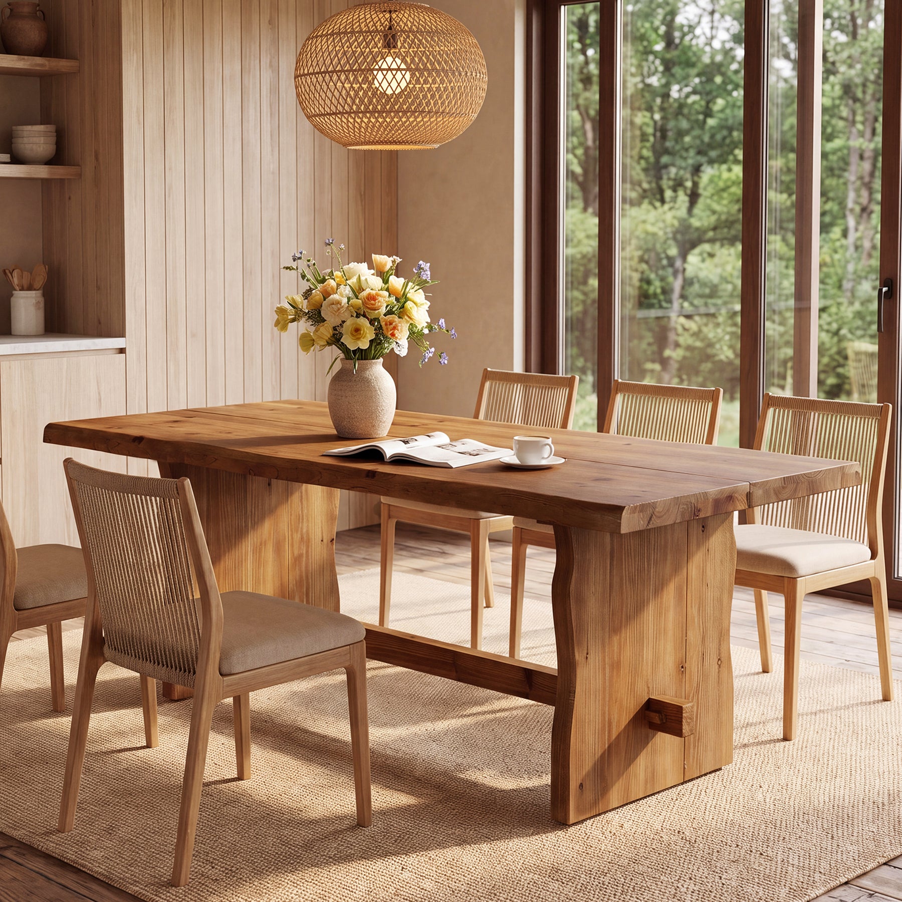 63" Solid Wood Dining Table, Live Edge Rectangular Kitchen Table for 4-6 People