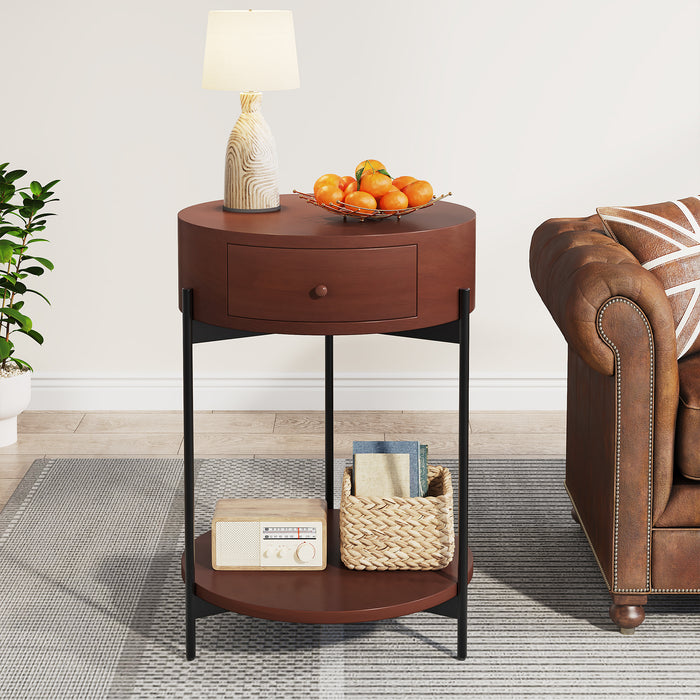 End Table, Round Bedside Table Nightstand with Drawer & Shelf Tribesigns