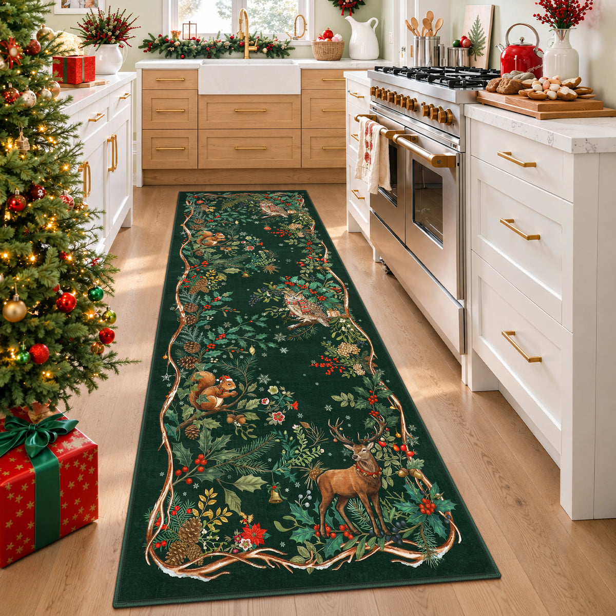 Christmas Tree Area Rug - Washable Non-Slip Holiday Carpet for Living Room Bedroom