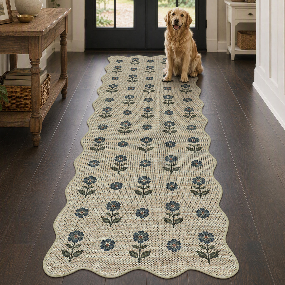 Tribesigns Hallway Tan Green Scalloped Easy Jute Kitchen Runner Rug
