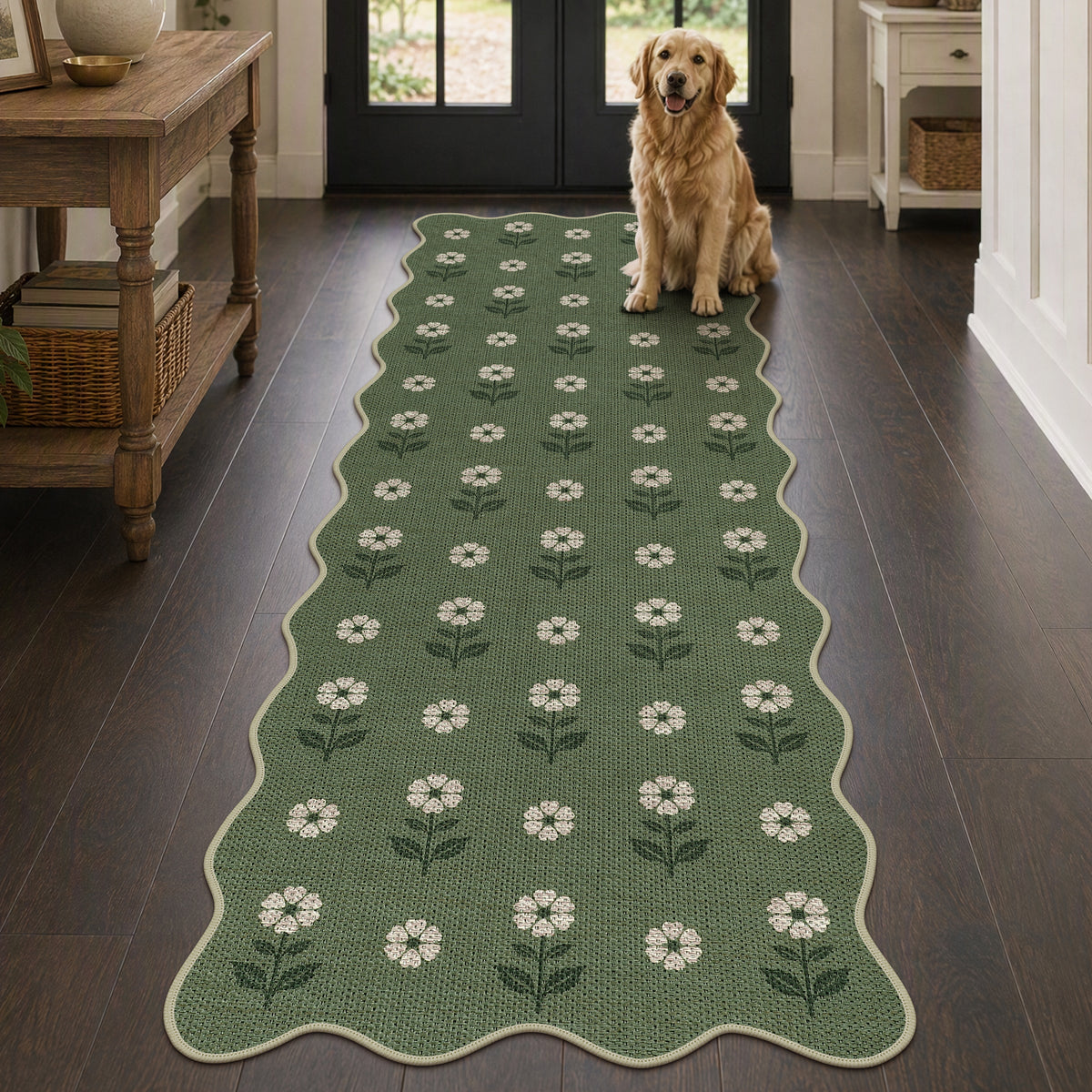 Tribesigns Hallway Tan Green Scalloped Easy Jute Kitchen Runner Rug