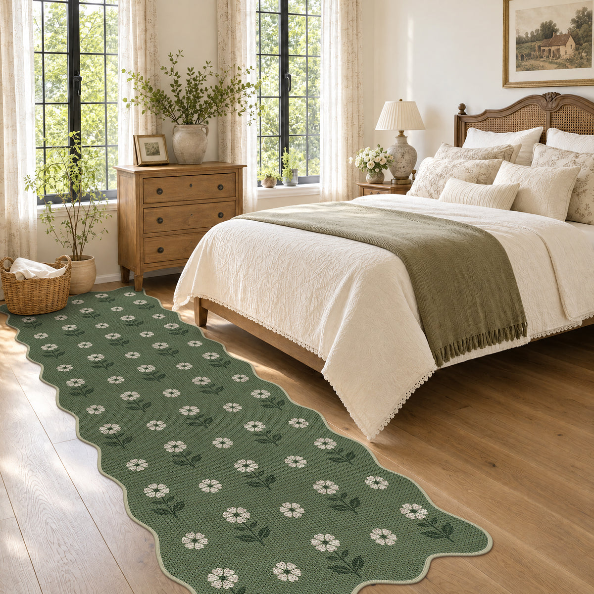 Tribesigns Hallway Tan Green Scalloped Easy Jute Kitchen Runner Rug