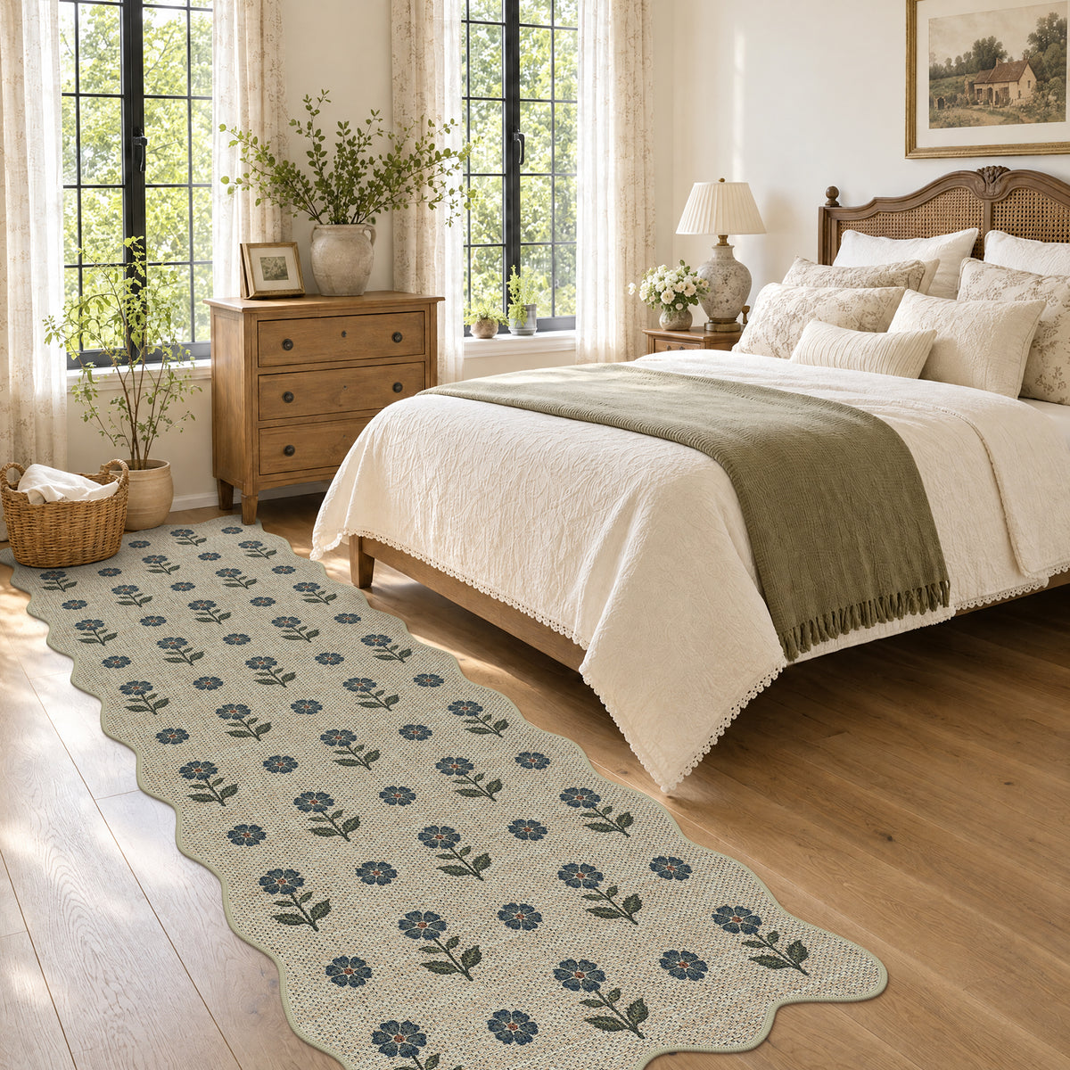 Tribesigns Hallway Tan Green Scalloped Easy Jute Kitchen Runner Rug