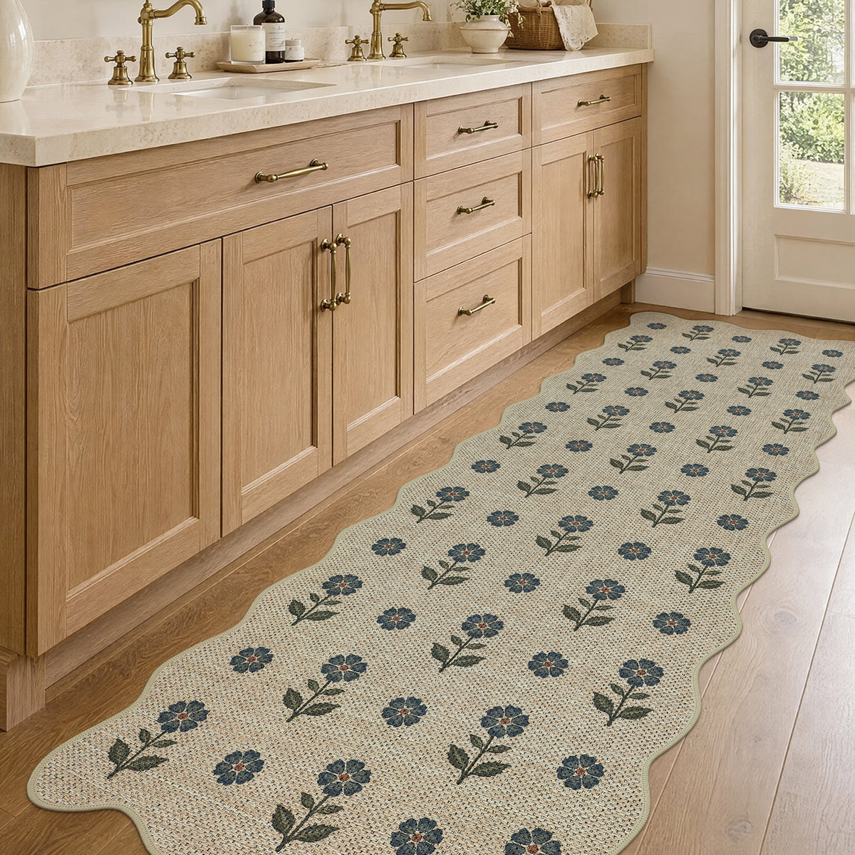 Tribesigns Hallway Tan Green Scalloped Easy Jute Kitchen Runner Rug