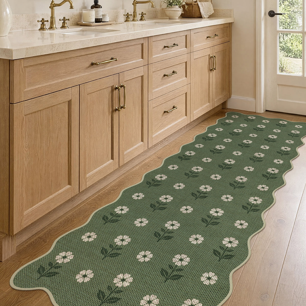 Tribesigns Hallway Tan Green Scalloped Easy Jute Kitchen Runner Rug