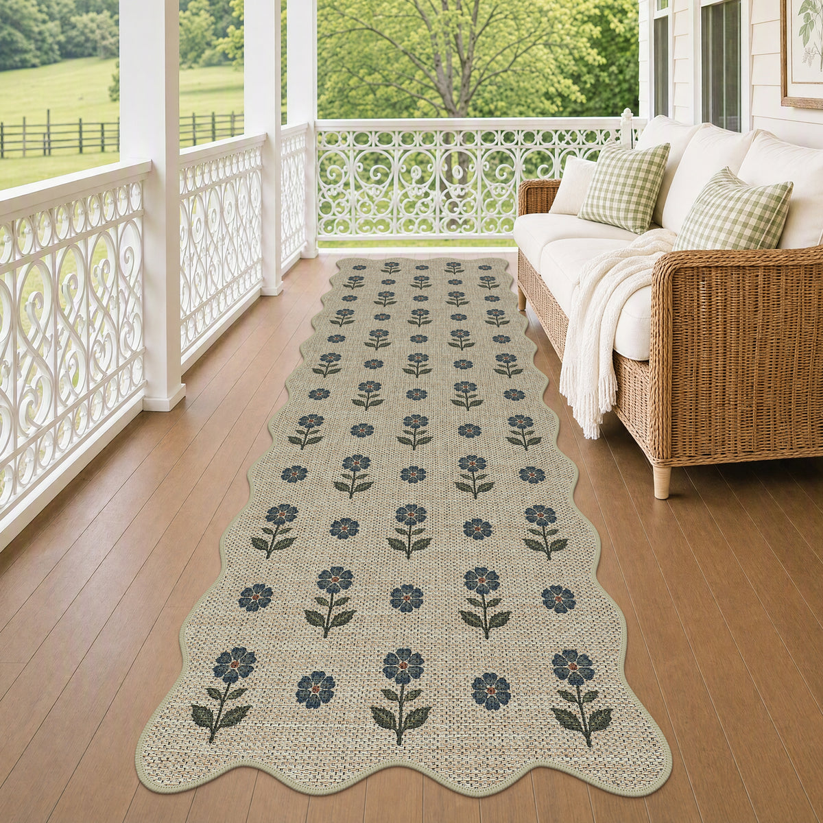 Floral Easy Jute Hallway Runner Rug, Scalloped Kitchen Runner Rug Non Skid Washable Indoor Carpet, Oeko-Tex Certified