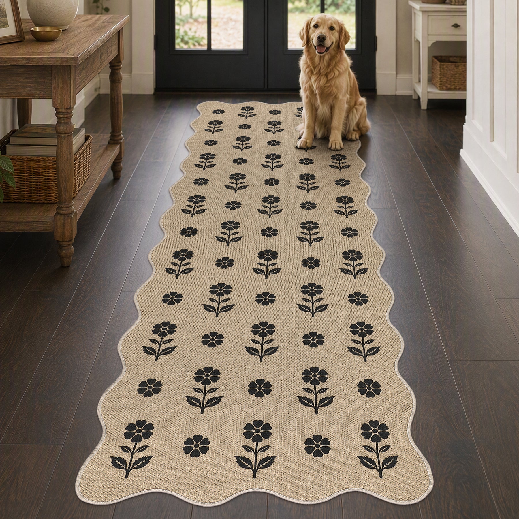2x6/3x5 Floral Easy Jute Hallway Runner Rug, Scalloped Kitchen Runner Rug Non Skid Washable Indoor Carpet, Oeko-Tex Certified
