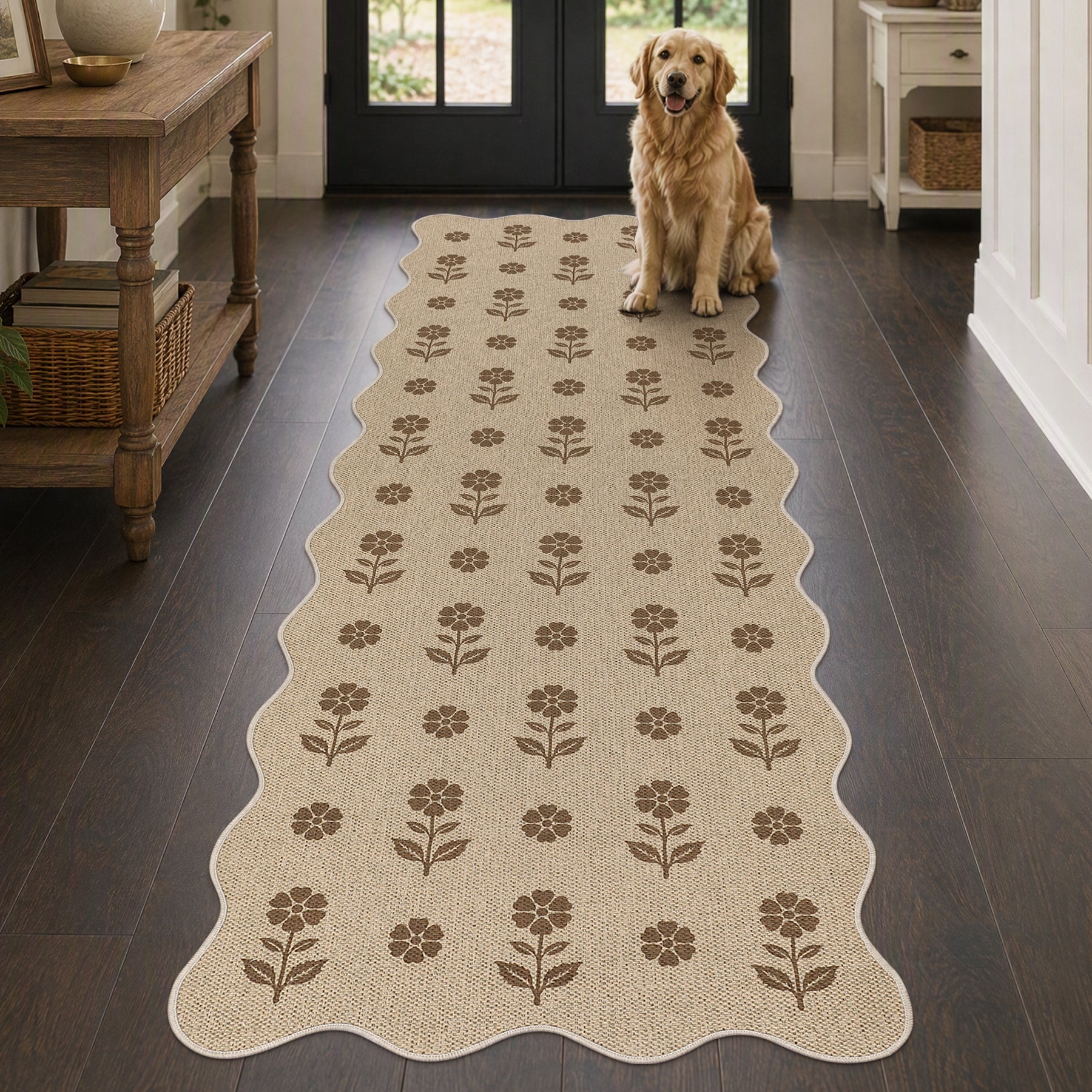 2x6/3x5 Floral Easy Jute Hallway Runner Rug, Scalloped Kitchen Runner Rug Non Skid Washable Indoor Carpet, Oeko-Tex Certified
