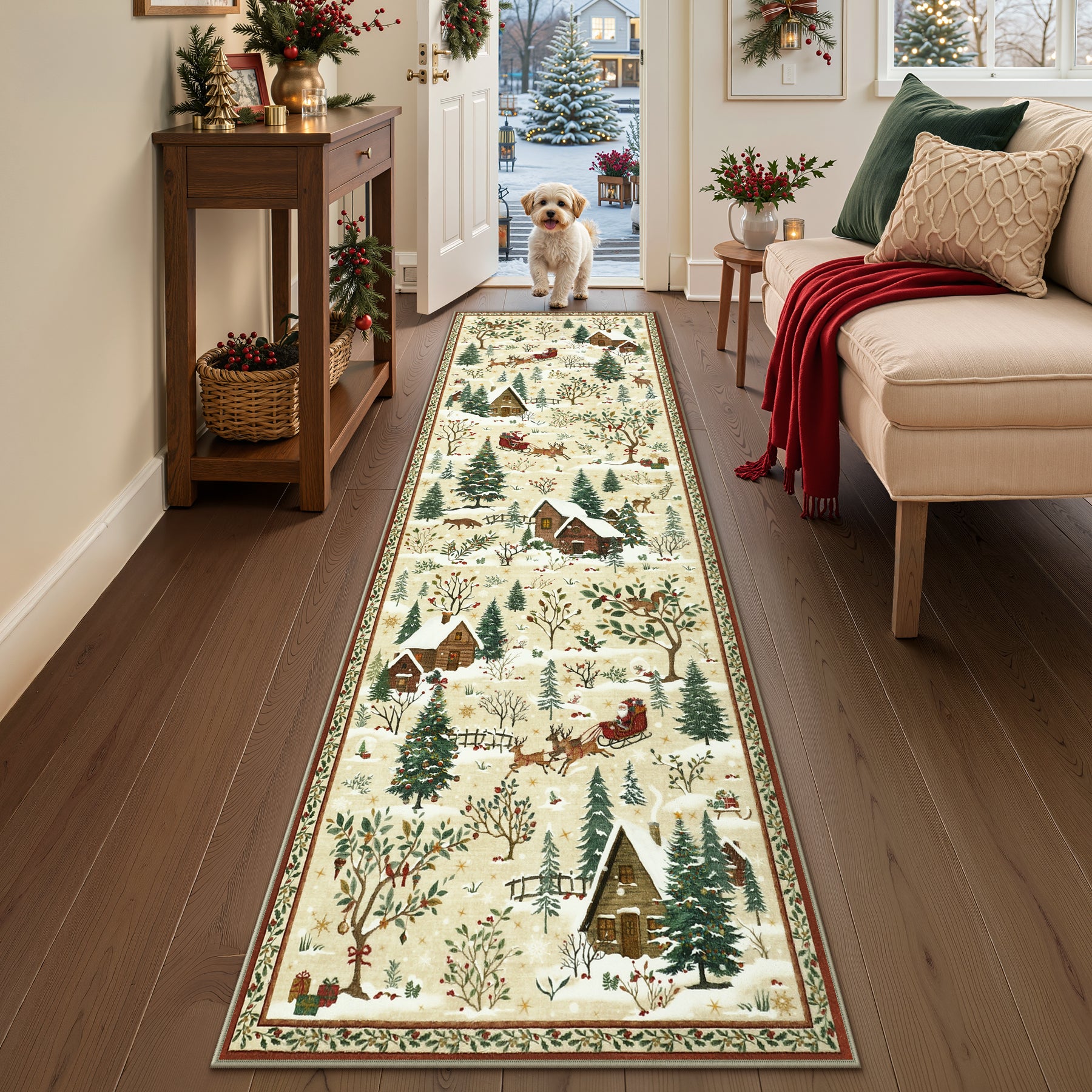 Christmas Snow Forest Washable Area Rug, Soft Holiday Scene Non-Slip Indoor Rug for Living Room Bedroom, Oeko-Tex Certified