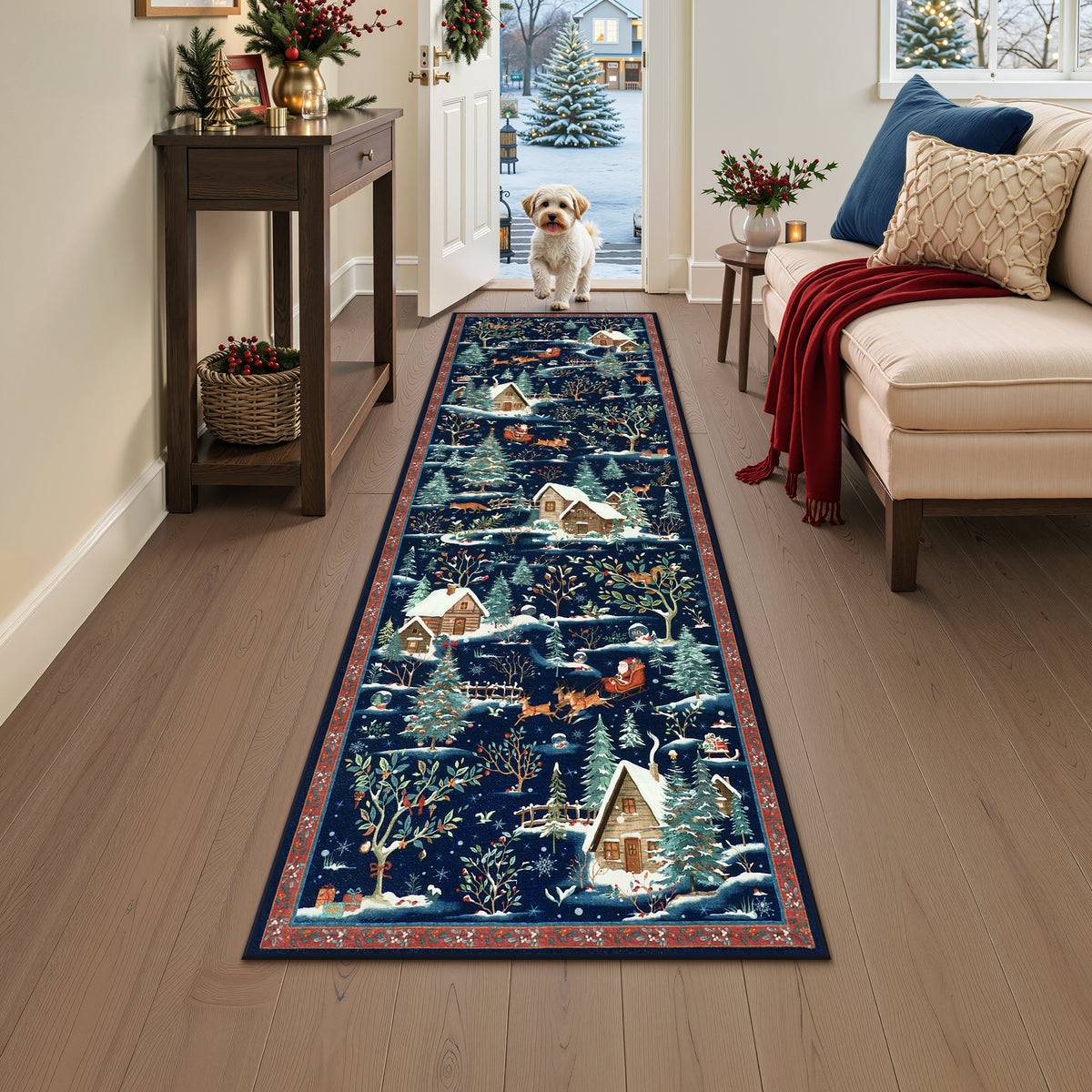 Christmas Snow Forest Washable Area Rug, Soft Holiday Scene Non-Slip Indoor Rug for Living Room Bedroom, Oeko-Tex Certified