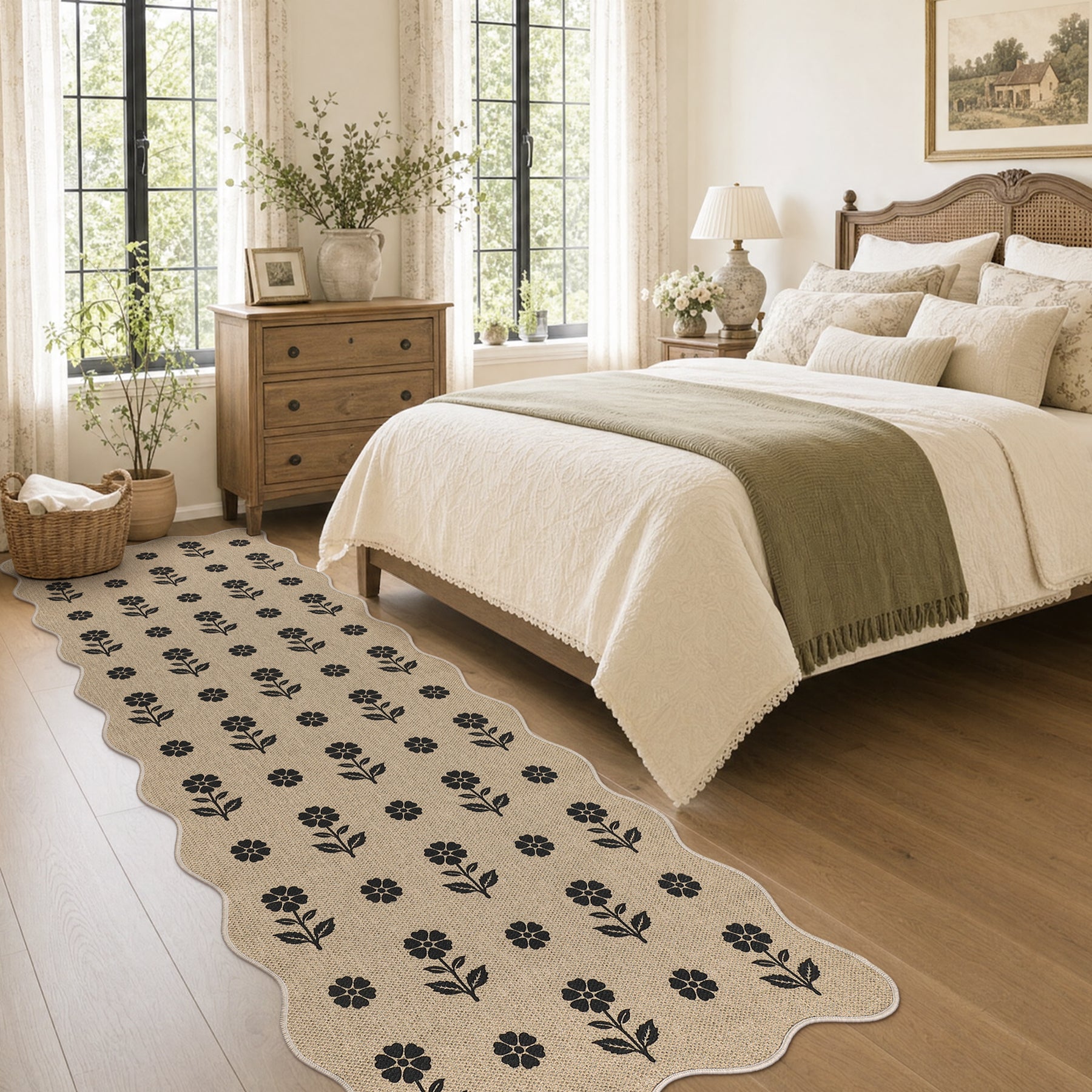 2x6/3x5 Floral Easy Jute Hallway Runner Rug, Scalloped Kitchen Runner Rug Non Skid Washable Indoor Carpet, Oeko-Tex Certified
