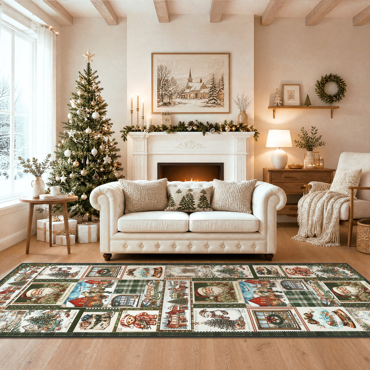 Christmas Vintage Runner Rug, Washable Non-Slip Holiday Kitchen Mat
