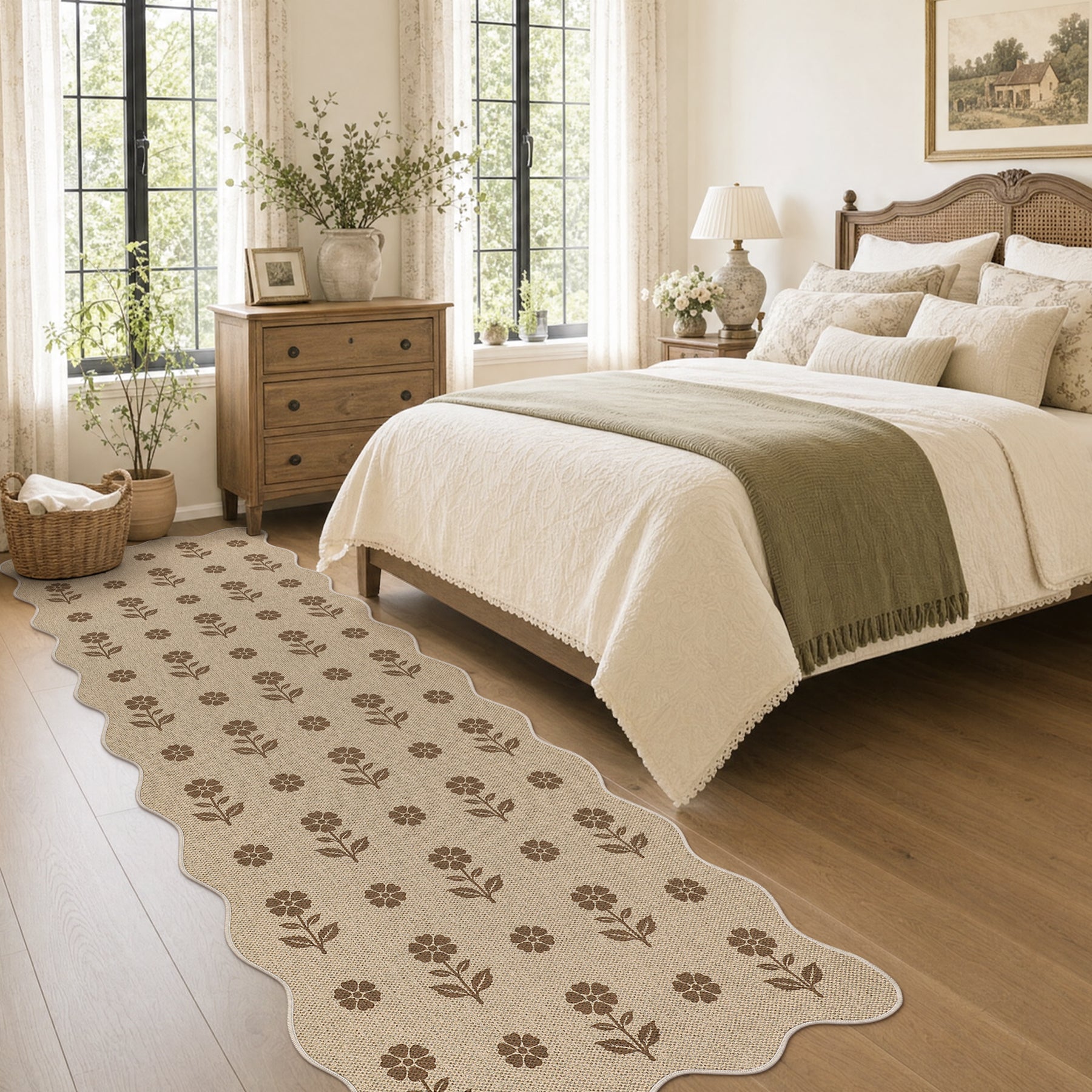2x6/3x5 Floral Easy Jute Hallway Runner Rug, Scalloped Kitchen Runner Rug Non Skid Washable Indoor Carpet, Oeko-Tex Certified