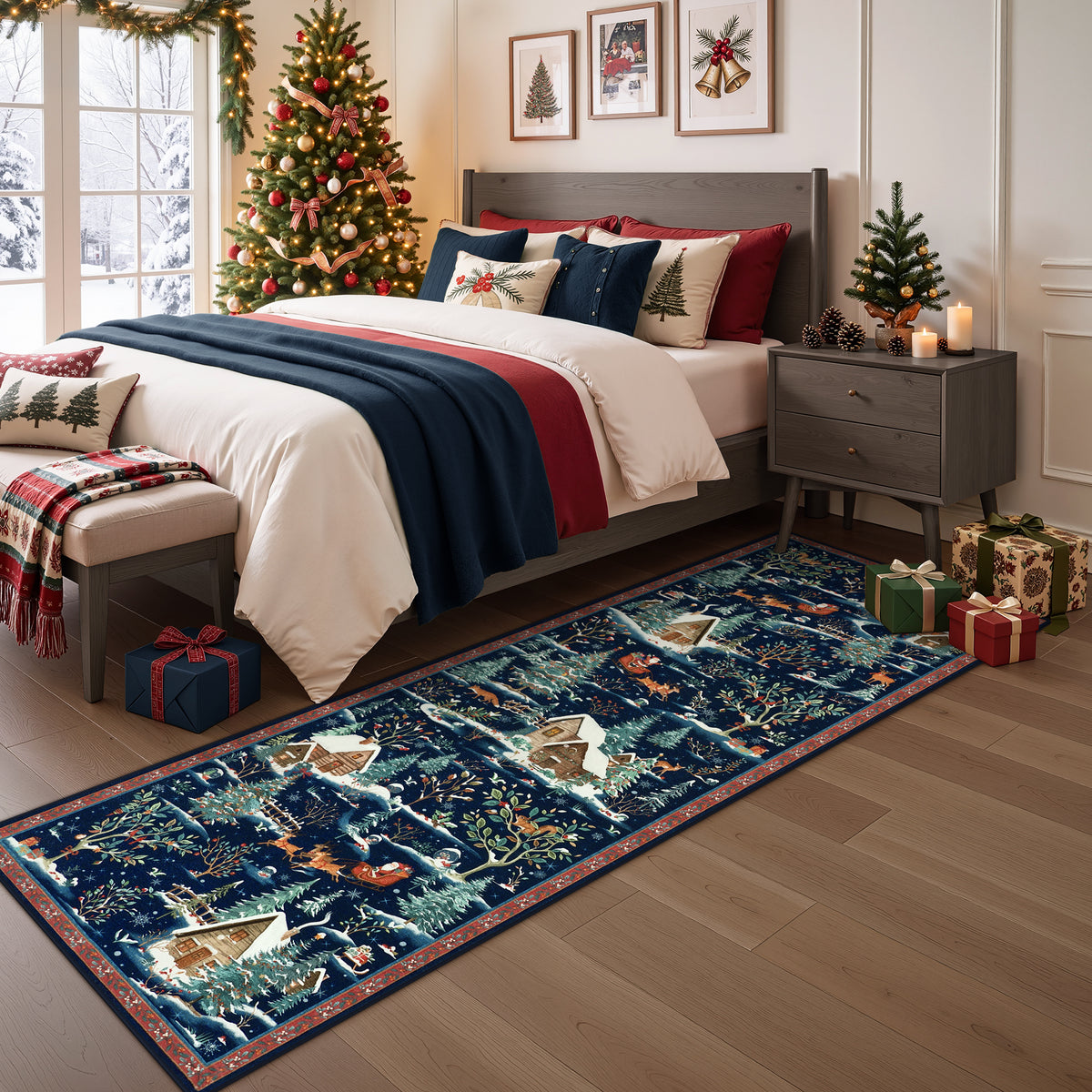 Christmas Snow Forest Washable Area Rug, Soft Holiday Scene Non-Slip Indoor Rug for Living Room Bedroom, Oeko-Tex Certified