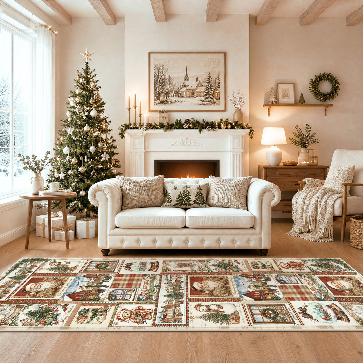 Christmas Vintage Runner Rug, Washable Non-Slip Holiday Kitchen Mat