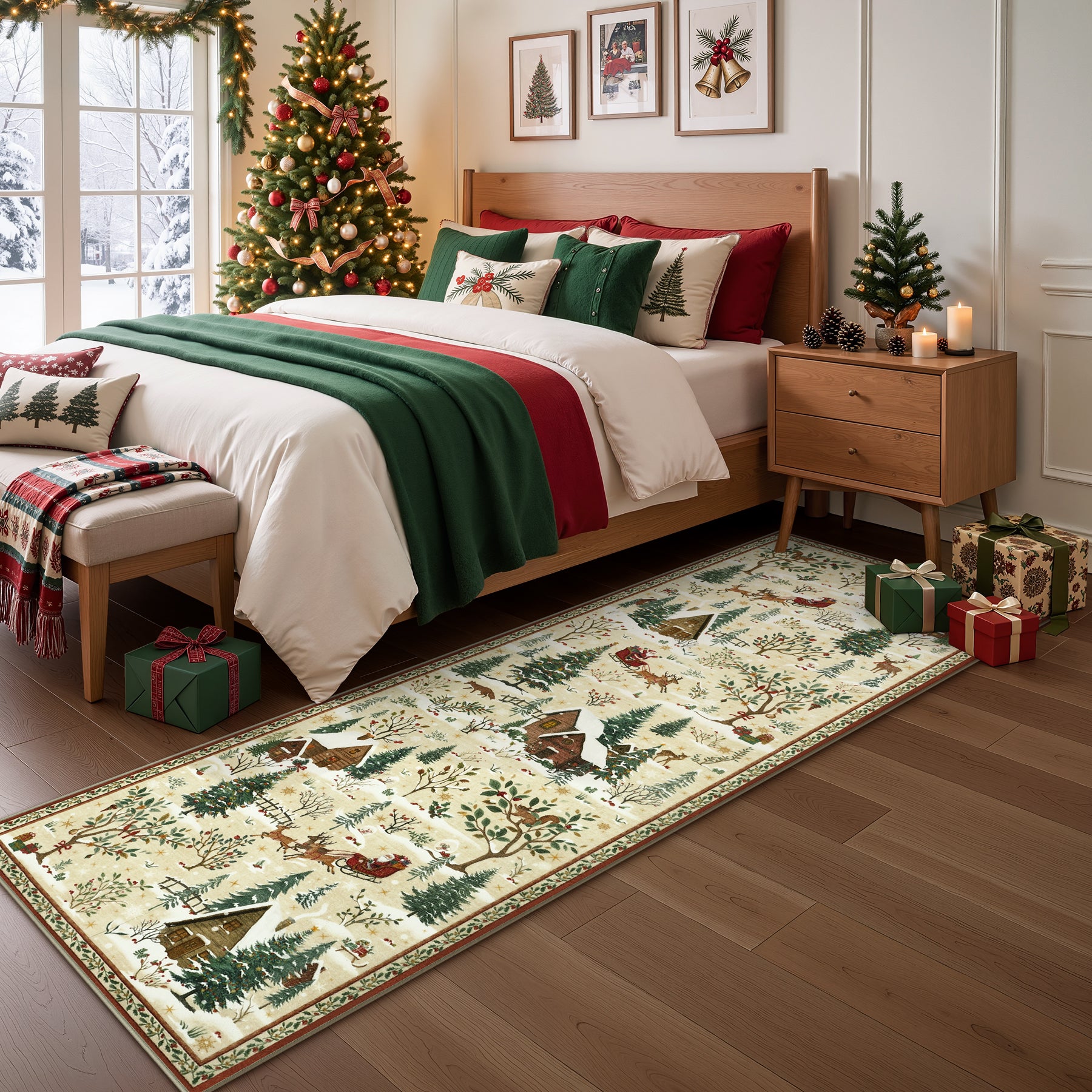 Christmas Snow Forest Washable Area Rug, Soft Holiday Scene Non-Slip Indoor Rug for Living Room Bedroom, Oeko-Tex Certified