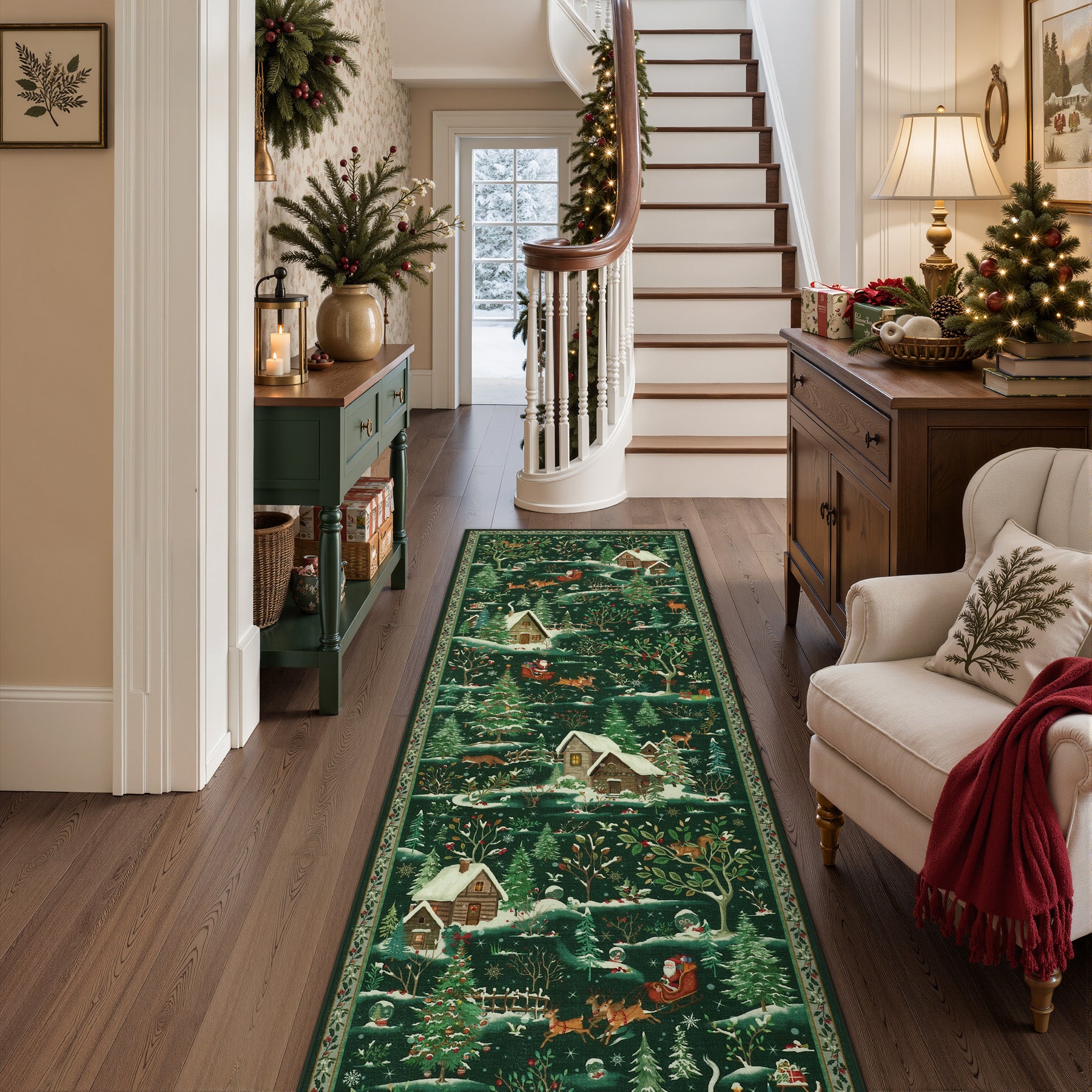 Christmas Snow Forest Washable Area Rug, Soft Holiday Scene Non-Slip Indoor Rug for Living Room Bedroom, Oeko-Tex Certified