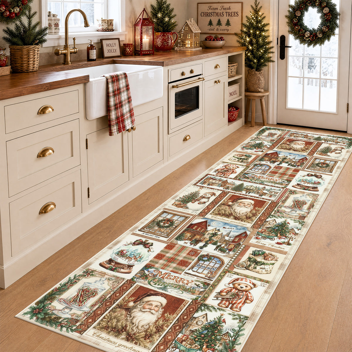 Christmas Vintage Runner Rug, Washable Non-Slip Holiday Kitchen Mat