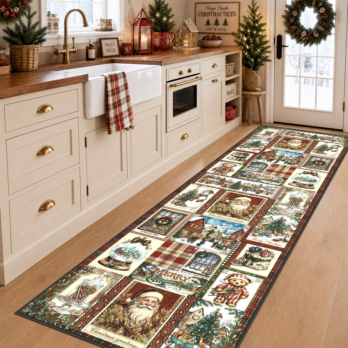 Christmas Vintage Runner Rug, Washable Non-Slip Holiday Kitchen Mat