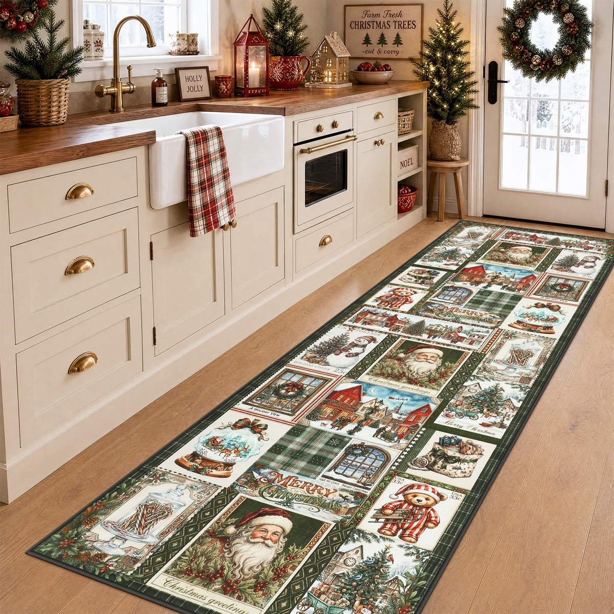 Christmas Vintage Runner Rug, Washable Non-Slip Holiday Kitchen Mat